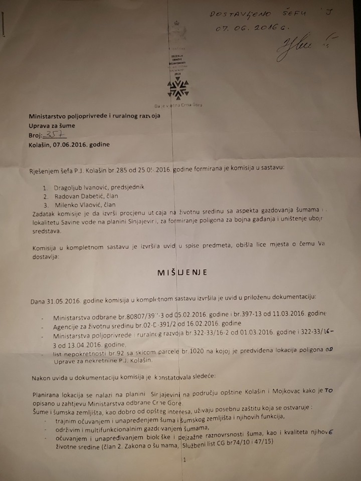 Ministar Simović negira, ali dokumenti potvrđuju da je do nedavno branio Sinjajevinu