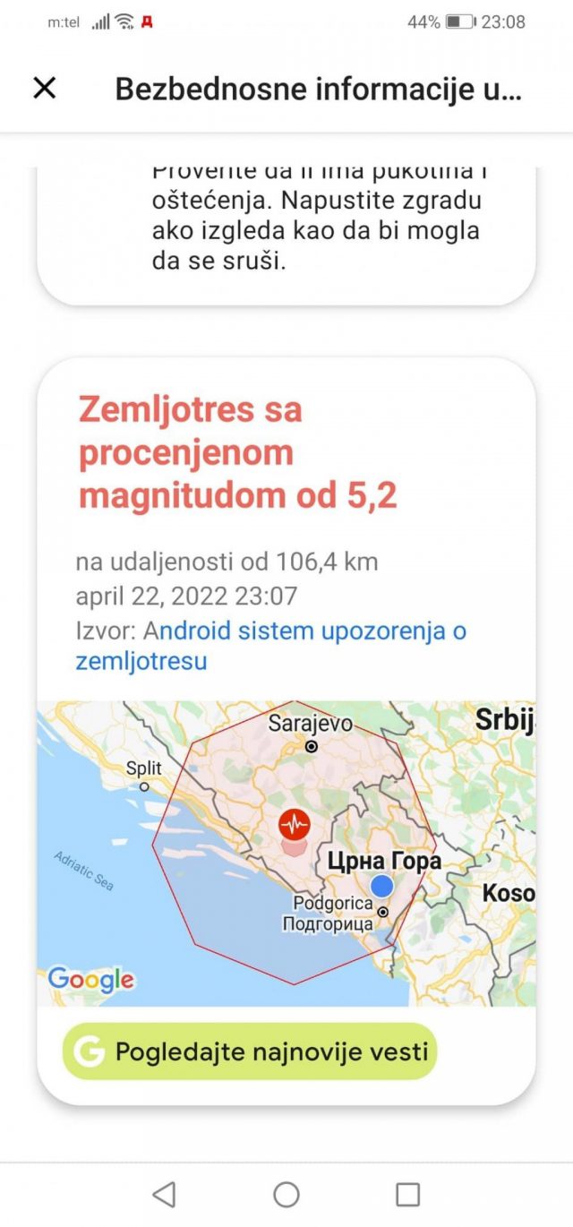 Android telefoni upozorili korisnike na zemljotres desetak sekundi prije potresa