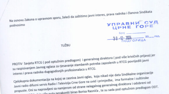 Sindikat tuži Savjet i nezakonitog generalnog direktora RTCG