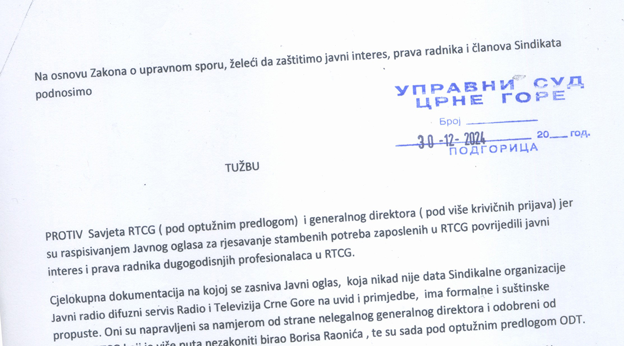Sindikat tuži Savjet i nezakonitog generalnog direktora RTCG