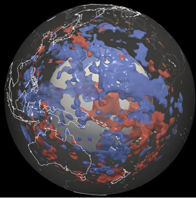 Vizualizacija gdje se nalazi hladniji materijal u plaštu, zahvaljujući novom kompjuterskom modelu Neobjašnjive strukture duboko ispod Tihog okeana
